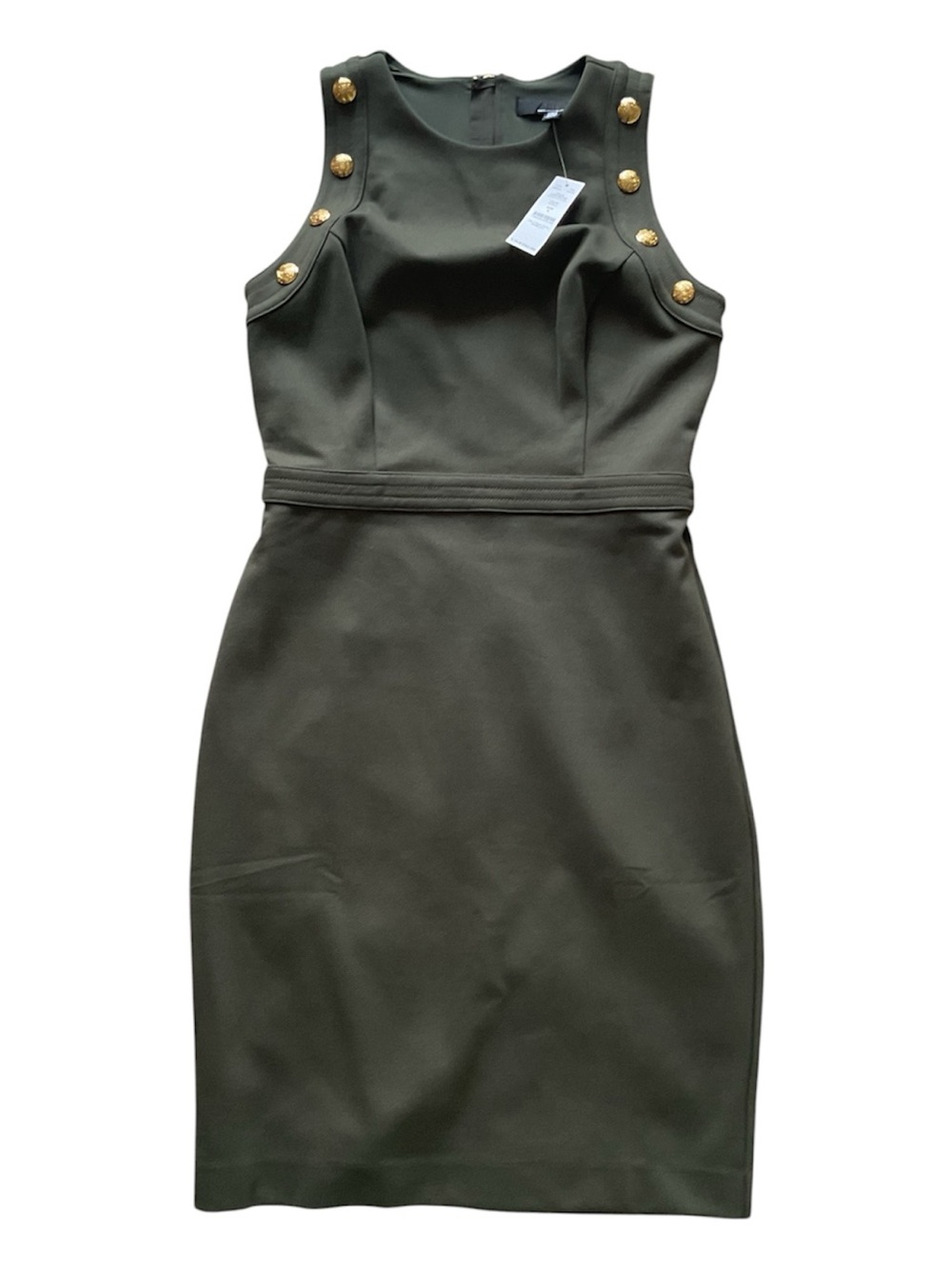 White House Black Market Olive Green Sleeveless Sheath Dress with Gold Buttons